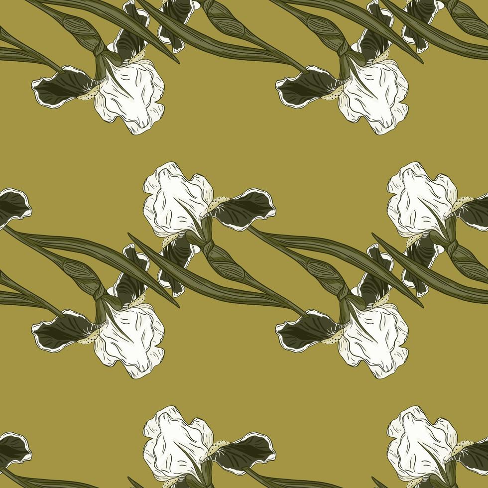 motif décoratif sans couture avec ornement de fleurs d'iris doodle blanc. fond vert pâle. vecteur