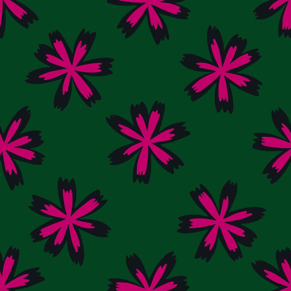 motif de doodle sans soudure de fleurs de prairie rose vif. fond vert foncé. imprimé décoratif. vecteur