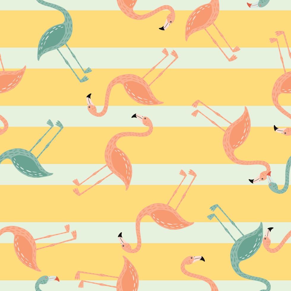 motif harmonieux aléatoire avec ornement flamant rose et bleu doodle. fond rayé jaune. vecteur