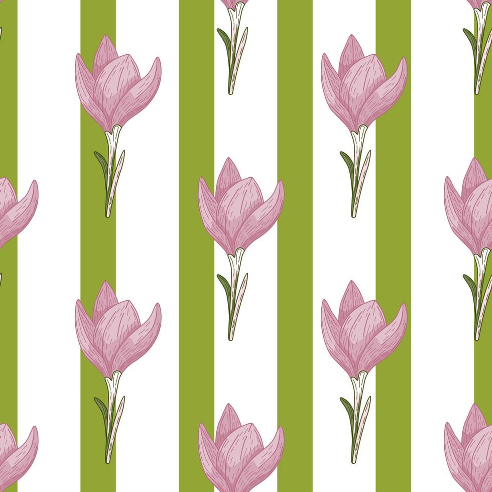 modèle sans couture de printemps avec des formes de fleurs de crocus de contour lilas botanique. fond rayé vert et blanc. vecteur