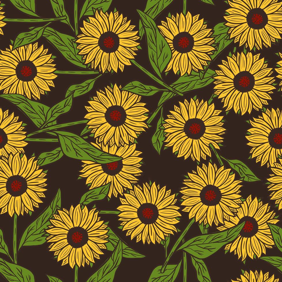 les tournesols jaunes profilés impriment un motif sans couture dans un style doodle. toile de fond de floraison aléatoire marron. vecteur