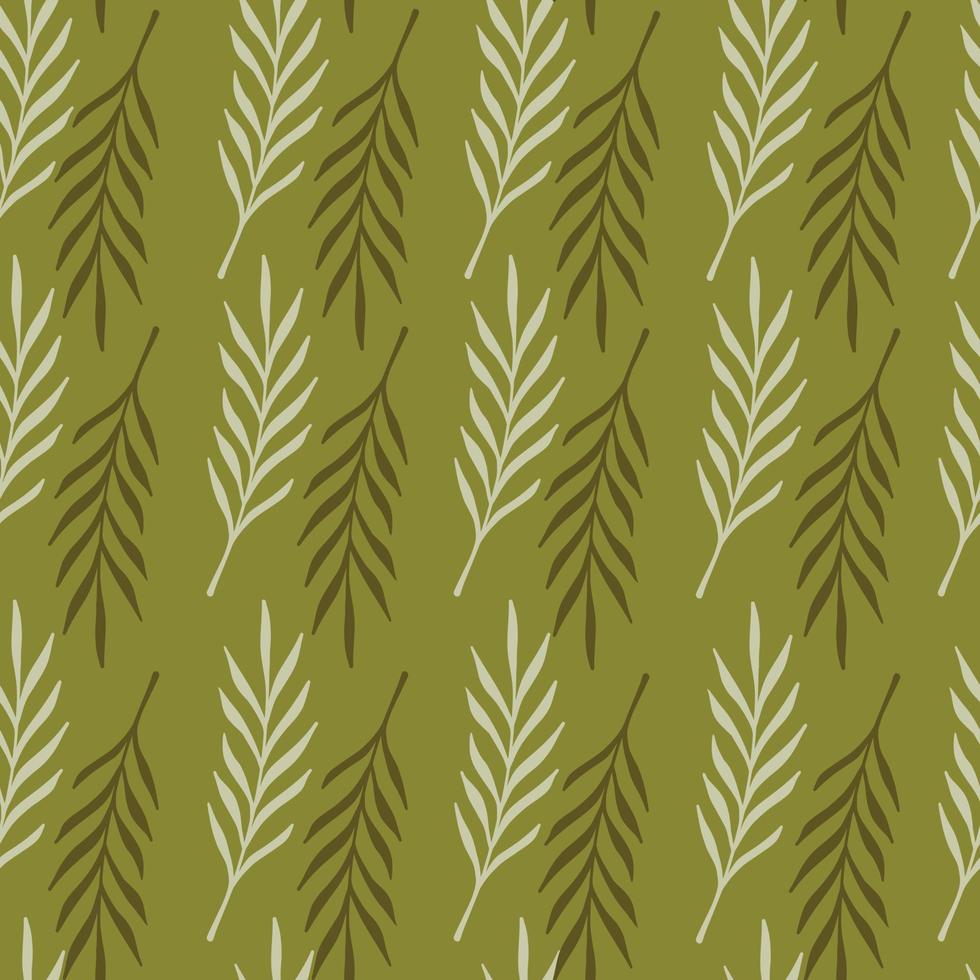 motif de doodle sans couture de feuillage avec impression de formes de brindilles de feuilles grises et brunes. fond pâle olive. vecteur