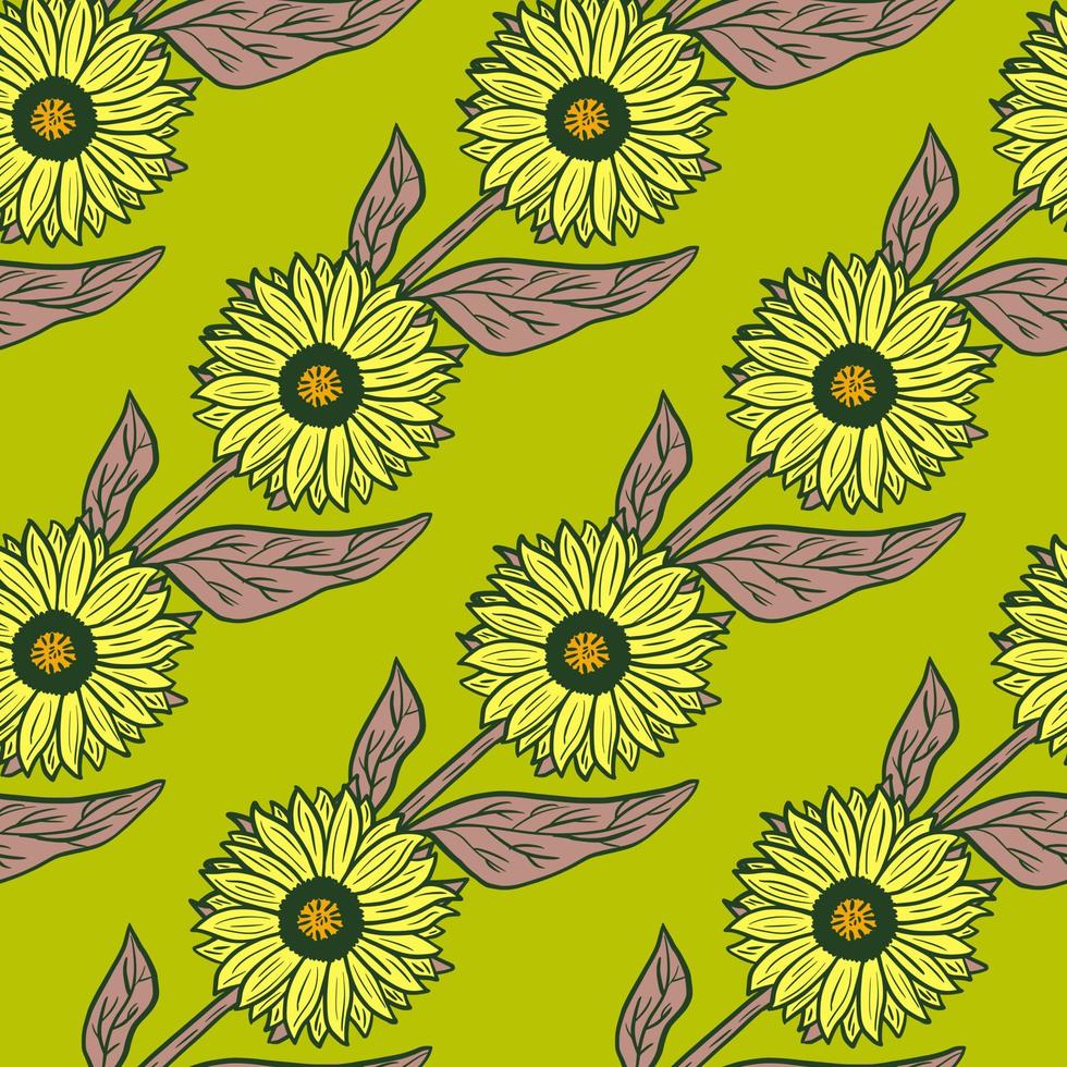 modèle sans couture de silhouettes de tournesol de contour dans un style dessiné à la main. fond clair vert. vecteur