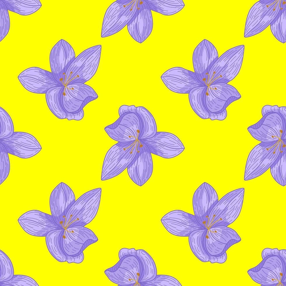 modèle sans couture d'été contrasté avec des éléments de fleur d'orchidée bleue. fond jaune. vecteur