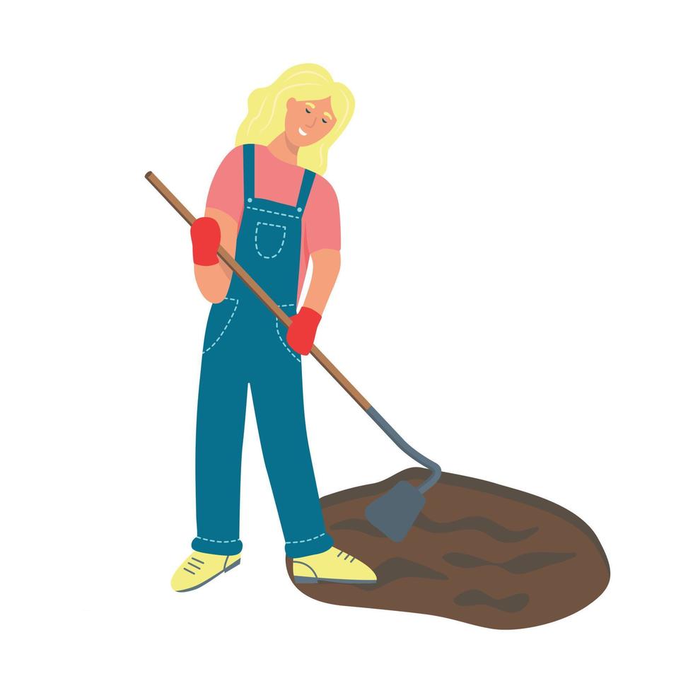 jardinage à la ferme. une jeune femme travaille dans le jardin, ratissant la terre. illustration vectorielle plane. vecteur