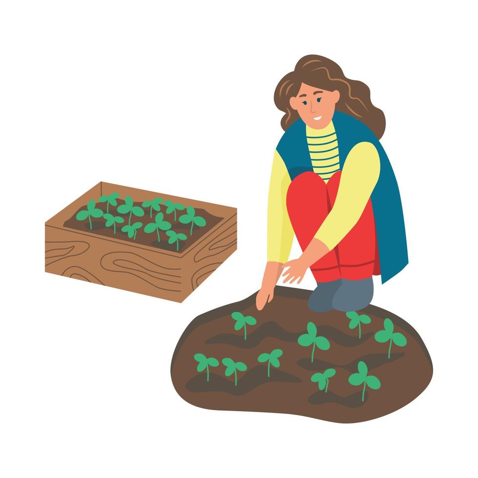 jardinage à la ferme. une jeune femme travaille dans le jardin, l'agriculteur a planté les semis. illustration vectorielle plane. vecteur