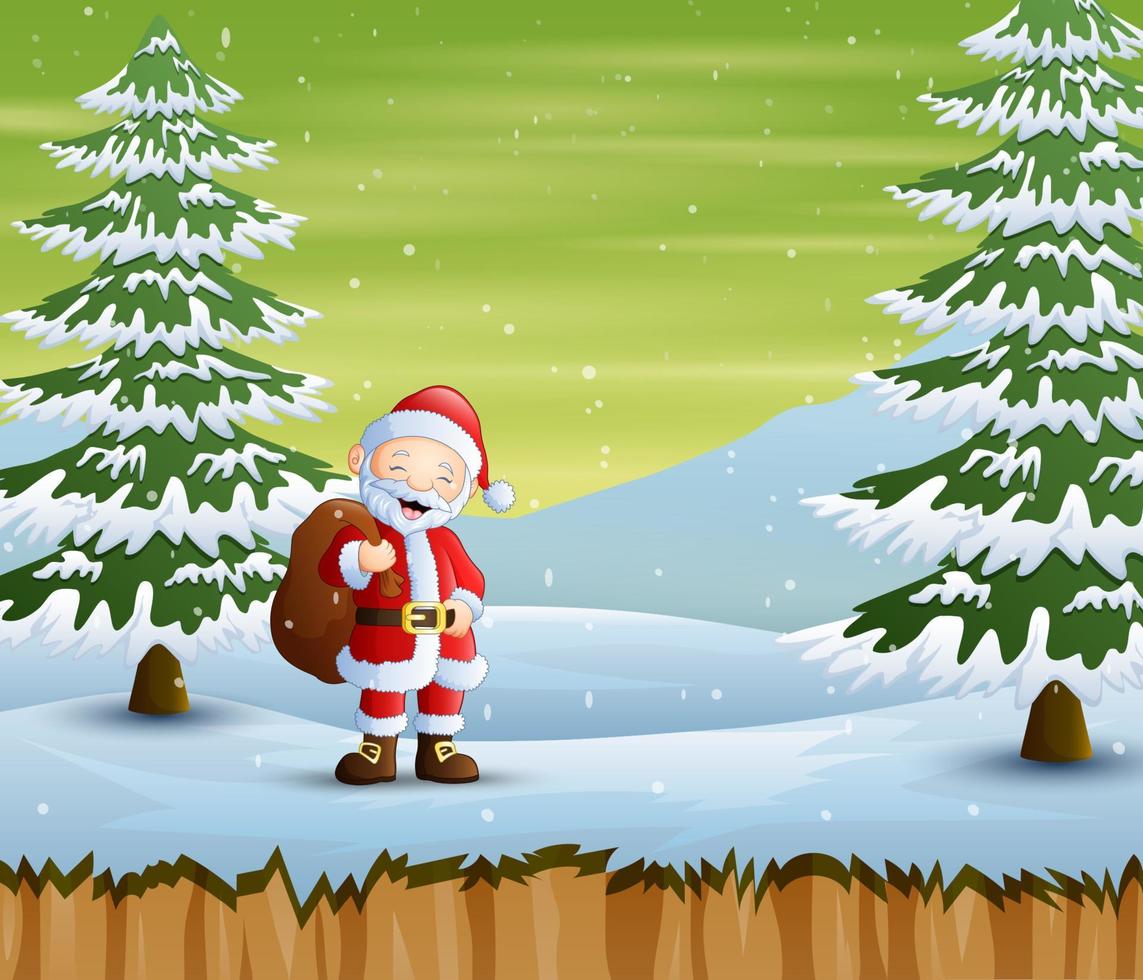 Père Noël marchant avec un sac sur une route enneigée vecteur