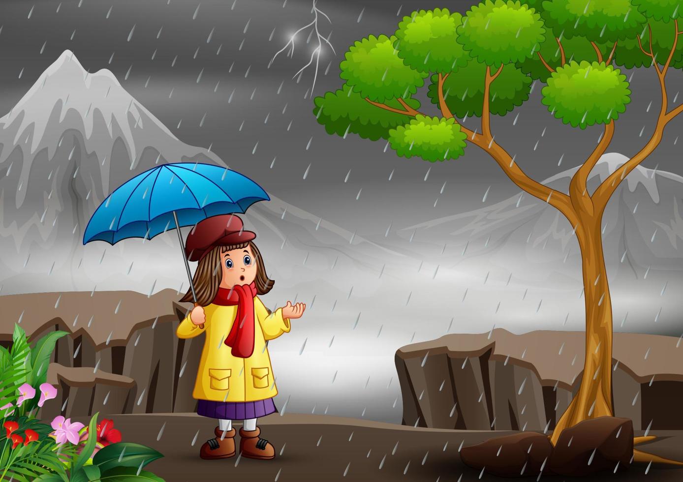 une fille portant un parapluie sous la pluie dans la forêt vecteur