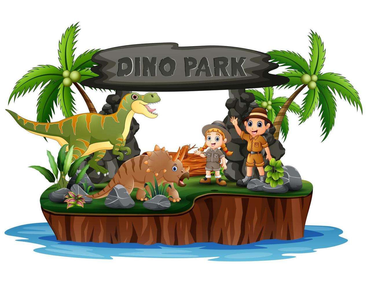 gardiens de zoo avec des dinosaures dans le parc des dinosaures vecteur