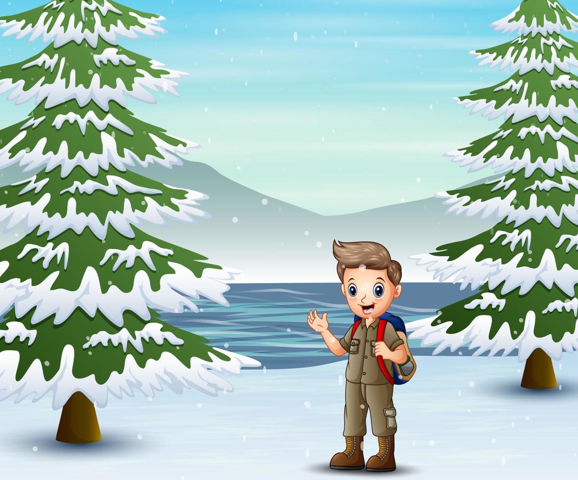 le scout explorant la nature dans un paysage d'hiver vecteur