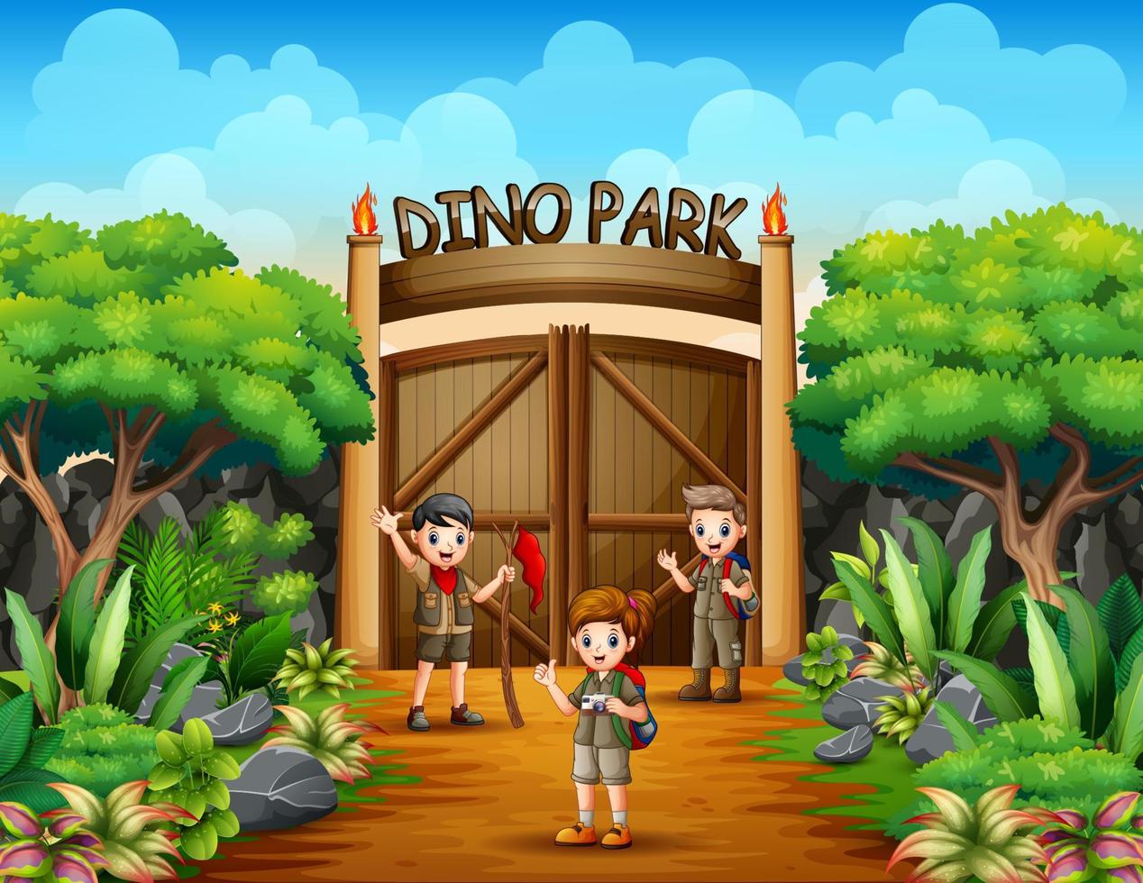 l'explorateur garçon et fille dans le parc dino vecteur