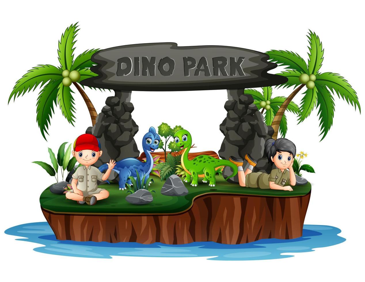 Dino Park Island avec des dinosaures et des enfants scouts vecteur