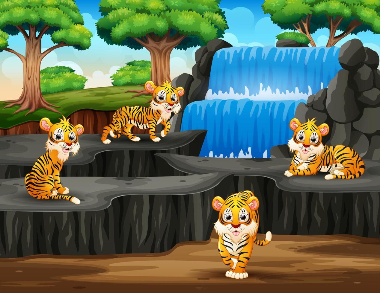 dessin animé de nombreux tigres sur fond de cascade vecteur
