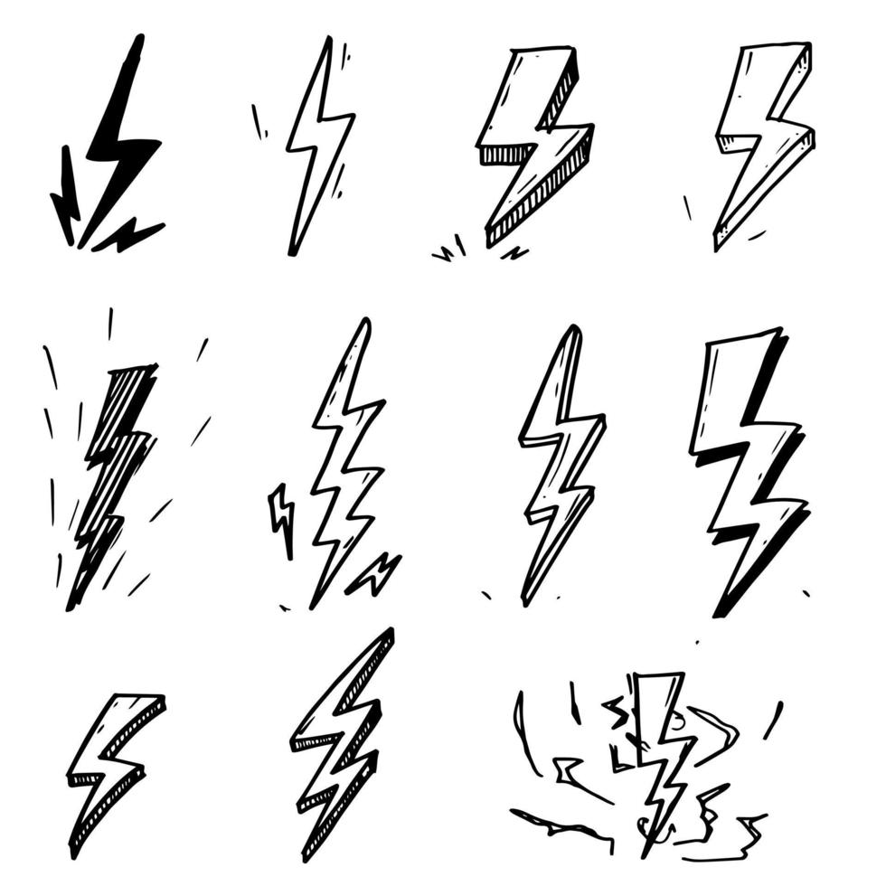 ensemble d'illustrations de croquis de symbole d'éclair électrique doodle vecteur dessinés à la main. icône de doodle de symbole de tonnerre.