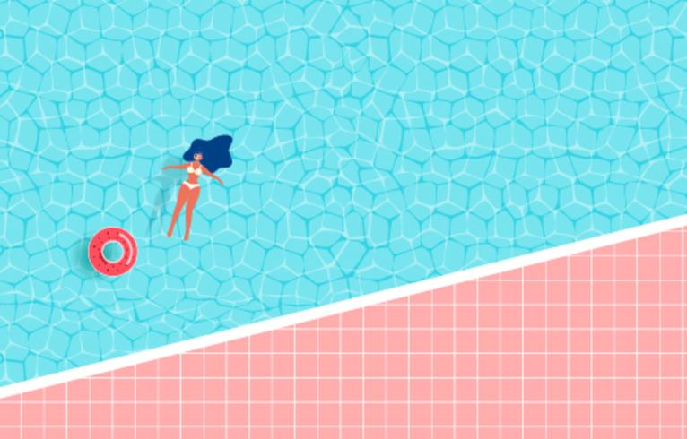 Vue de dessus de la fête de la piscine d&#39;été. Conception de publicité vente chaude heure d&#39;été avec la fille sur l&#39;anneau en caoutchouc dans la piscine. vecteur