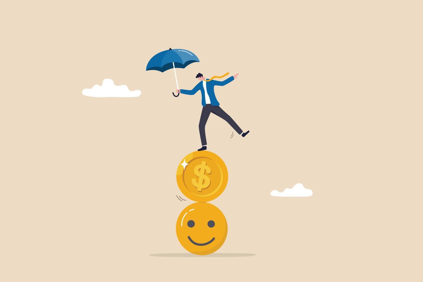 équilibre entre argent et bonheur, richesse et santé, choix d'une vie significative et d'un véritable concept de réussite, homme d'affaires tenant un parapluie s'équilibrant sur une pile de visage souriant et de pièce d'un dollar. vecteur