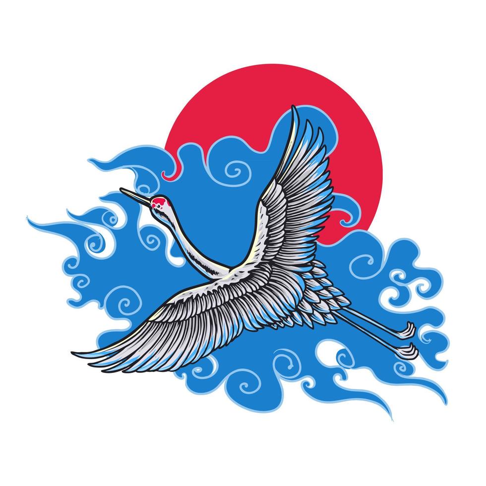 conception de t shirt illustration vectorielle premium oiseau grue japonaise vecteur