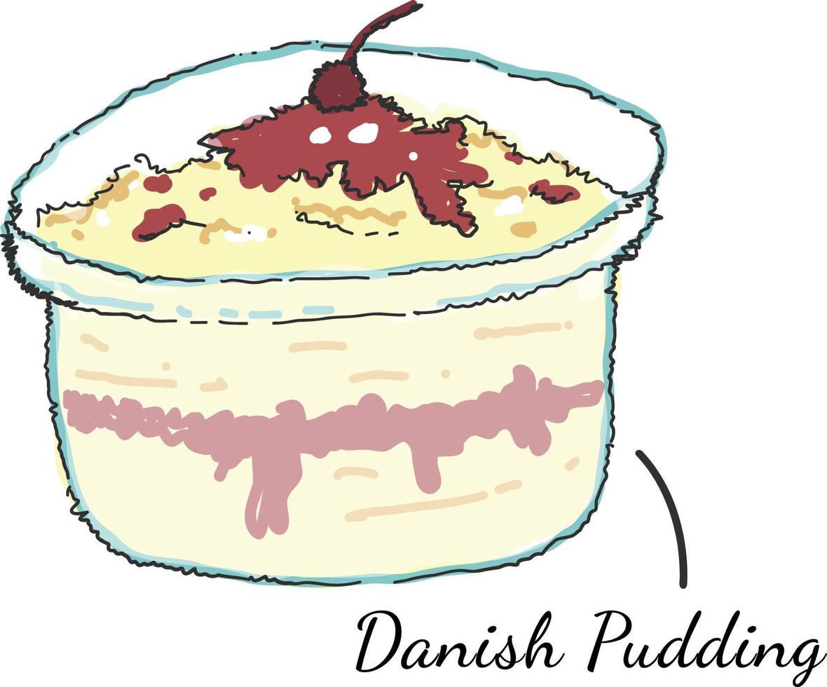 cuisine danoise, repas, vecteur. pudding spécial cuisine danoise et européenne dans un bol en verre avec une texture crémeuse et des garnitures vecteur