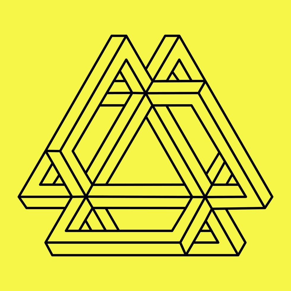 forme impossible. figure de la géométrie sacrée. illusion d'optique. objet géométrique éternel abstrait. triangle de contour sans fin impossible. op art. symbole de géométrie impossible sur fond jaune. dessin au trait. vecteur