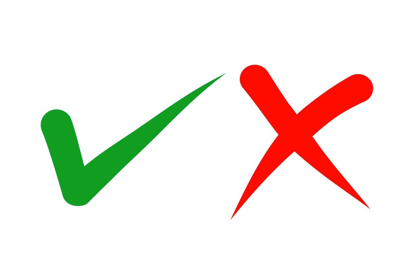 main dessinée de coche verte et croix rouge isolé sur fond blanc. icône bien et mal. illustration vectorielle. vecteur
