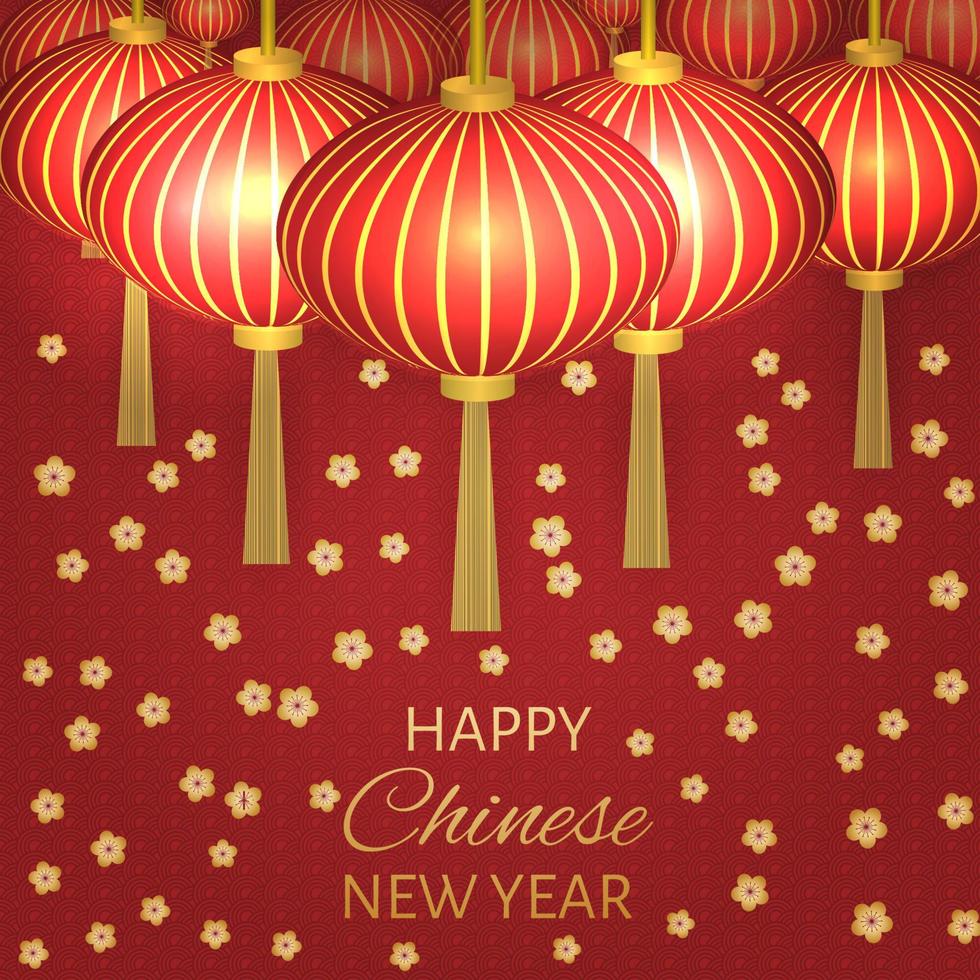 illustration vectorielle du nouvel an chinois avec des lanternes traditionnelles et des fleurs de cerisier. modèle de conception facile à modifier pour vos projets. peut être utilisé comme cartes de vœux, arrière-plans, invitations, etc. vecteur