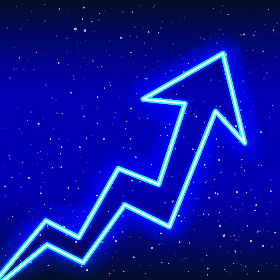 flèche électrique ascendante bleu néon vers le haut. phase d'idée de réussite. signe de flèche incurvée s'élevant du sol. signe de flèche 3d au néon. icône néon réaliste. icône linéaire sur fond bleu. zone d'écriture vecteur