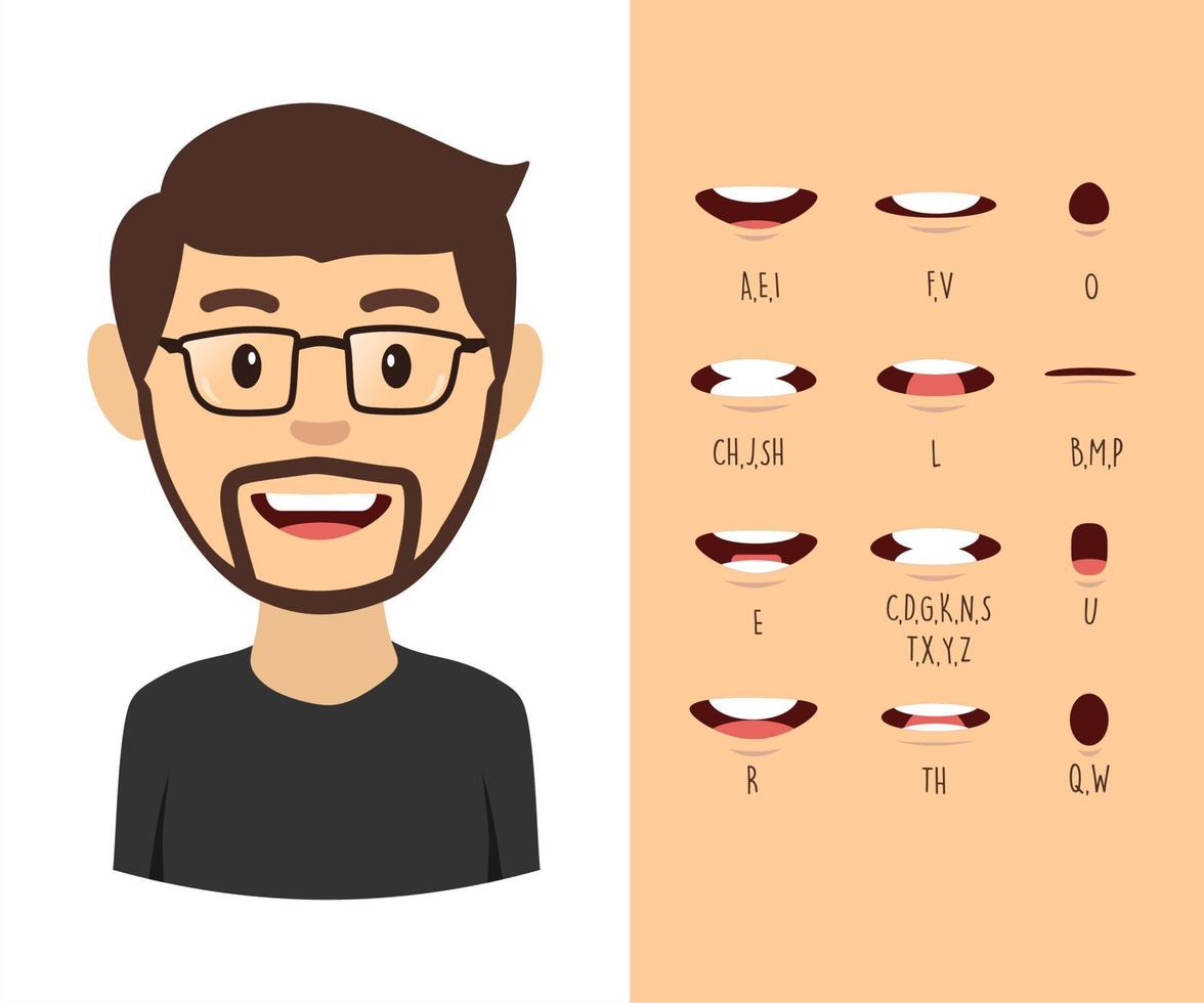 animation de la bouche masculine. tableau de la bouche des phonèmes. prononciation alphabétique. illustration vectorielle. vecteur