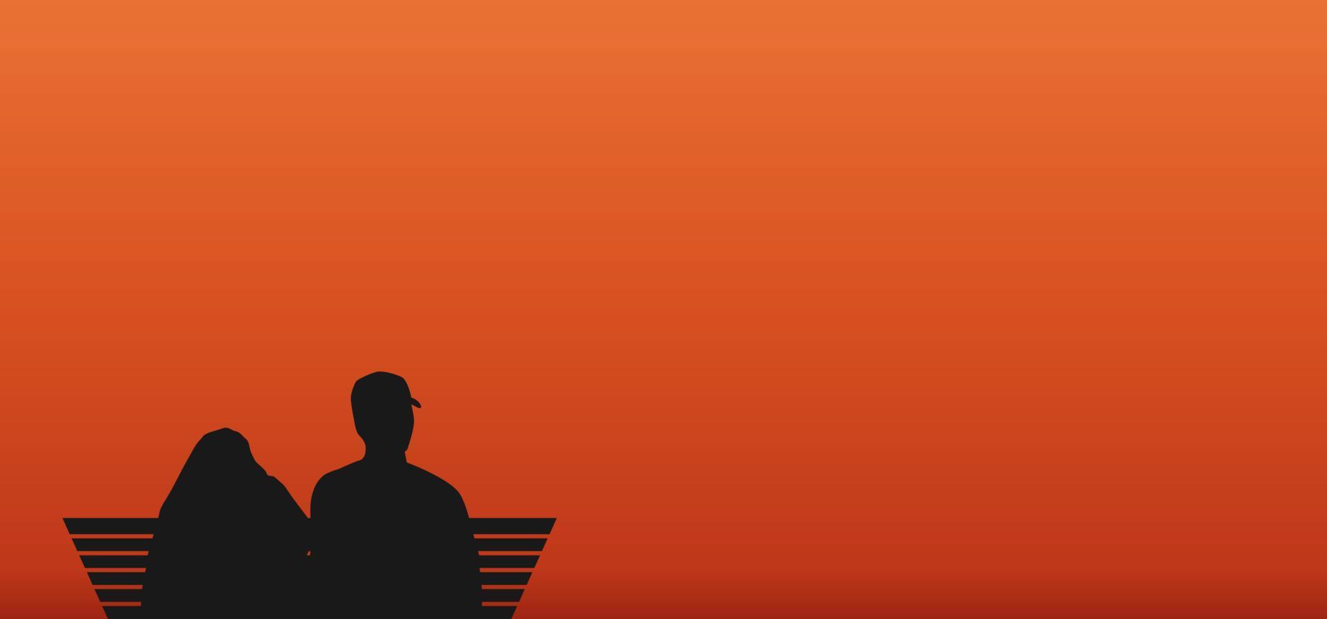 silhouette d'un couple marié assis sur des chaises au coucher du soleil vecteur