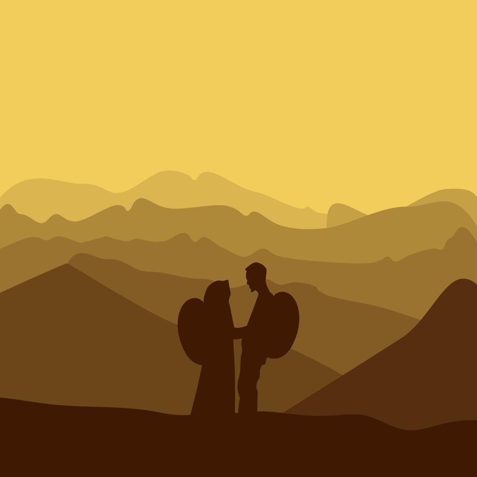 vecteur de la silhouette d'un couple debout sur la colline contre le clair de lune dans le ciel nocturne.