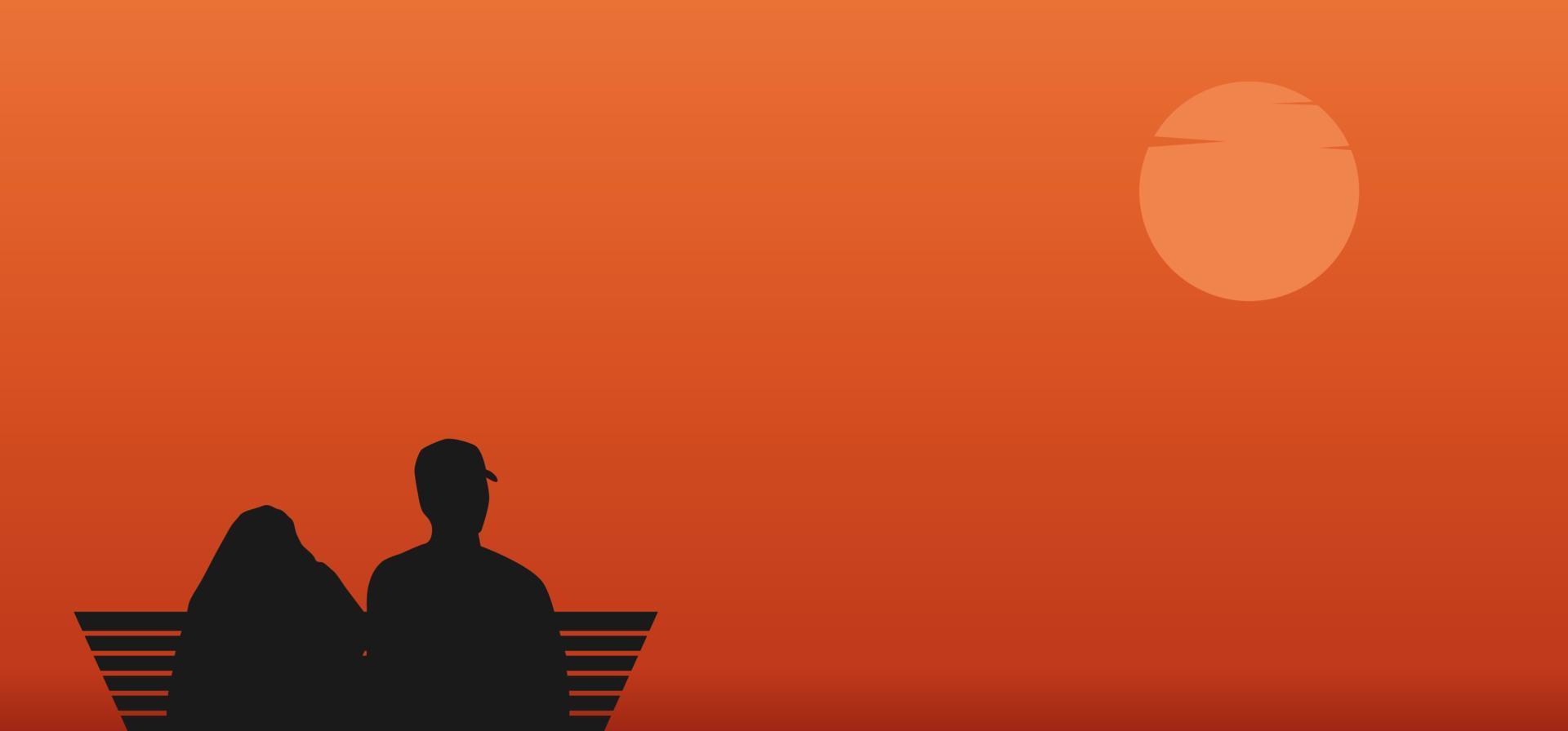 silhouette d'un couple marié assis sur des chaises au coucher du soleil vecteur