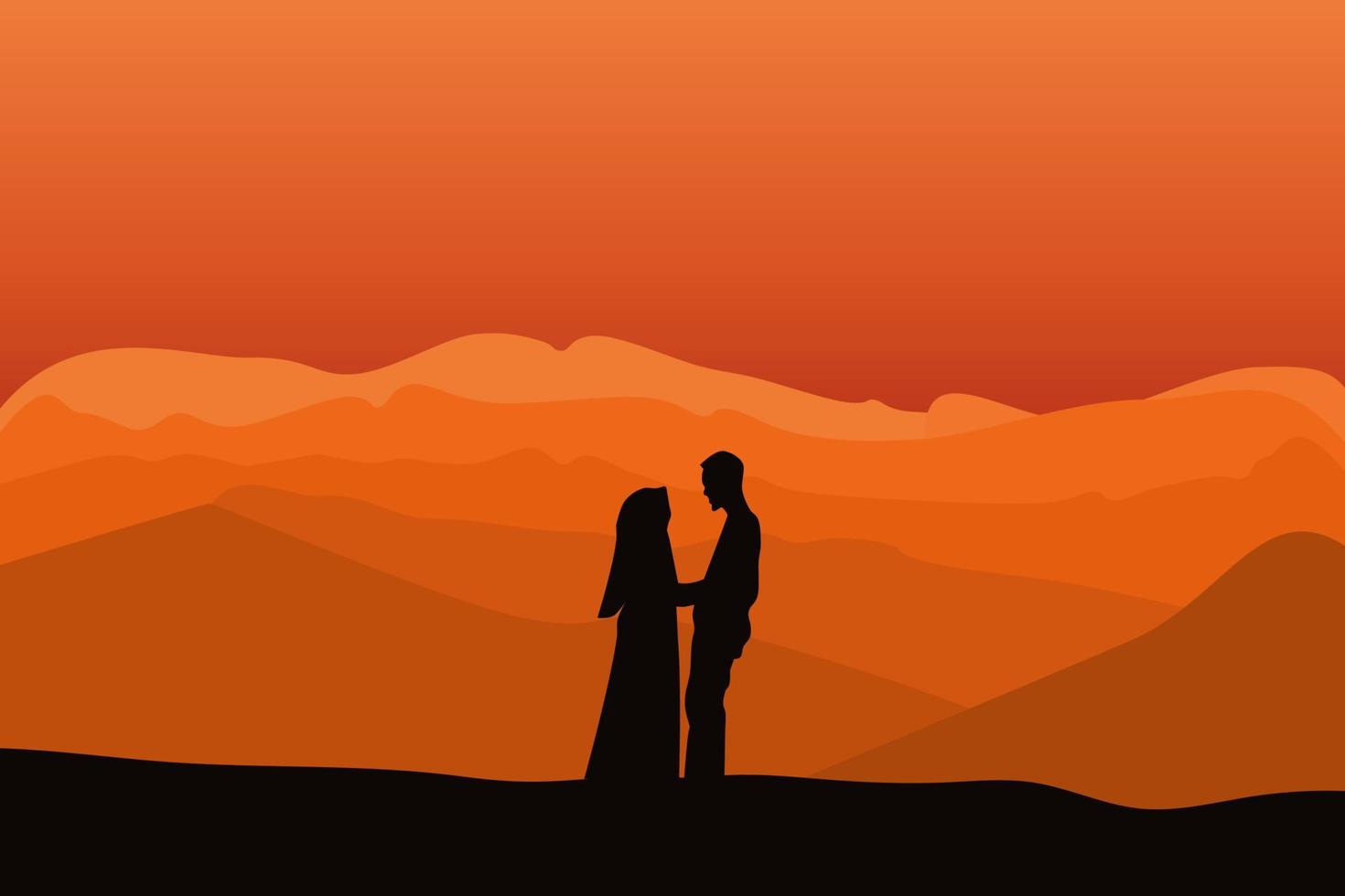 vecteur de la silhouette d'un couple debout sur la colline contre le clair de lune dans le ciel nocturne.