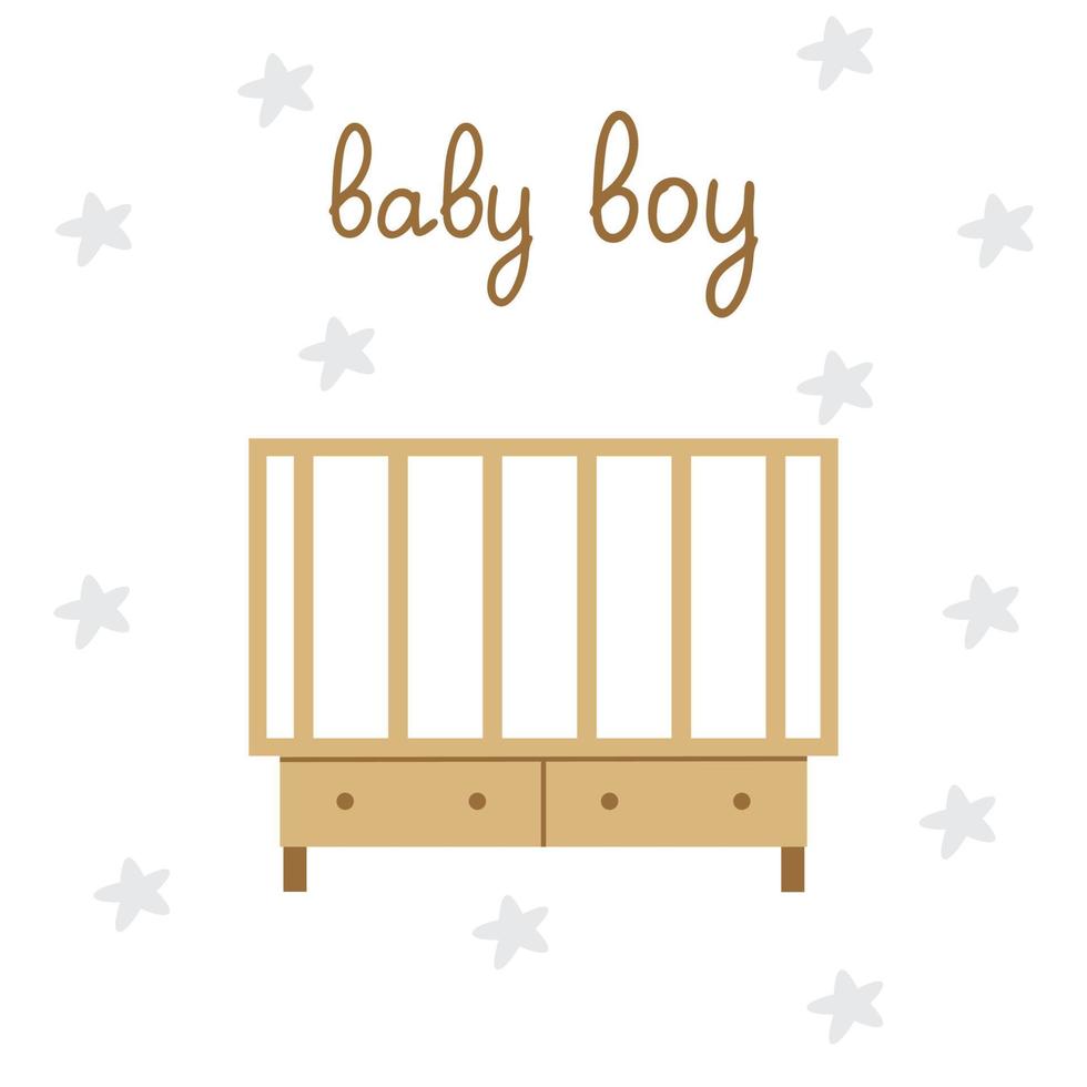 une carte postale, des invitations pour un baby shower boy. une crèche sur fond d'étoiles et une inscription. illustration vectorielle de modèle pour l'impression vecteur