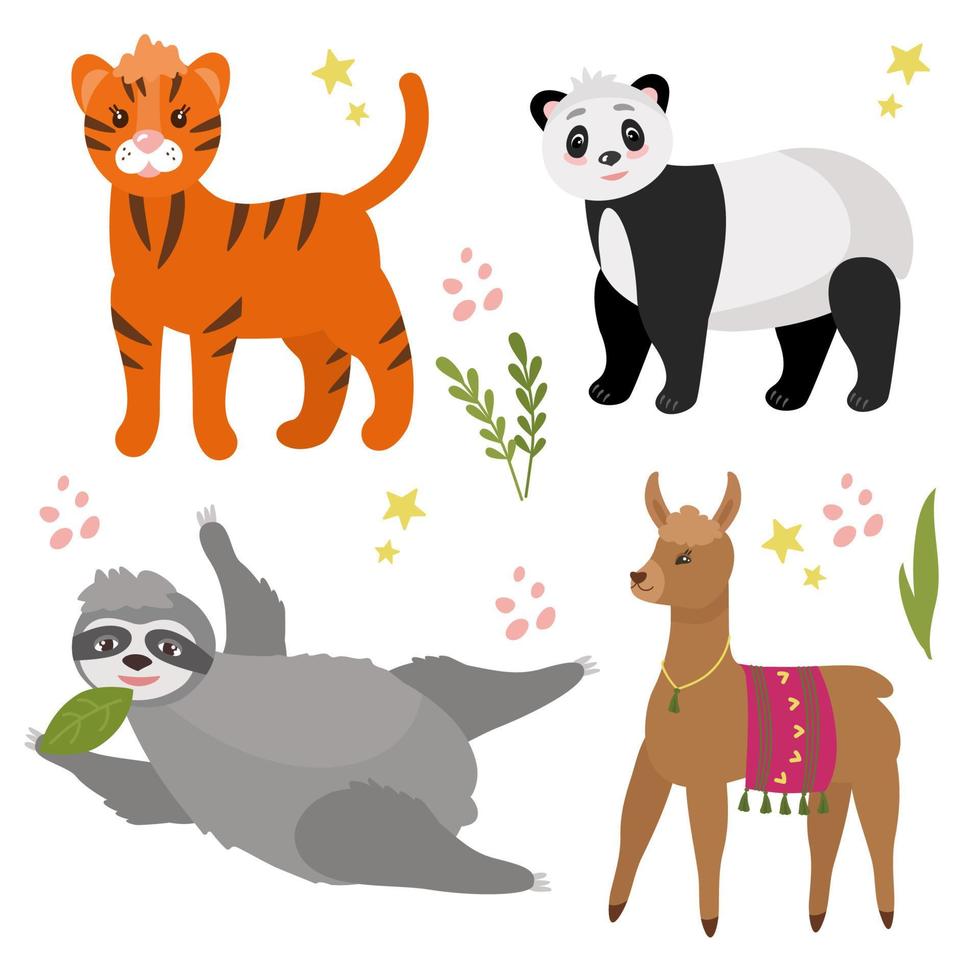 ensemble d'animaux mignons, panda, tigre, lama, paresseux. illustration vectorielle isolée. pour une carte postale, un design ou une déco pour enfant vecteur