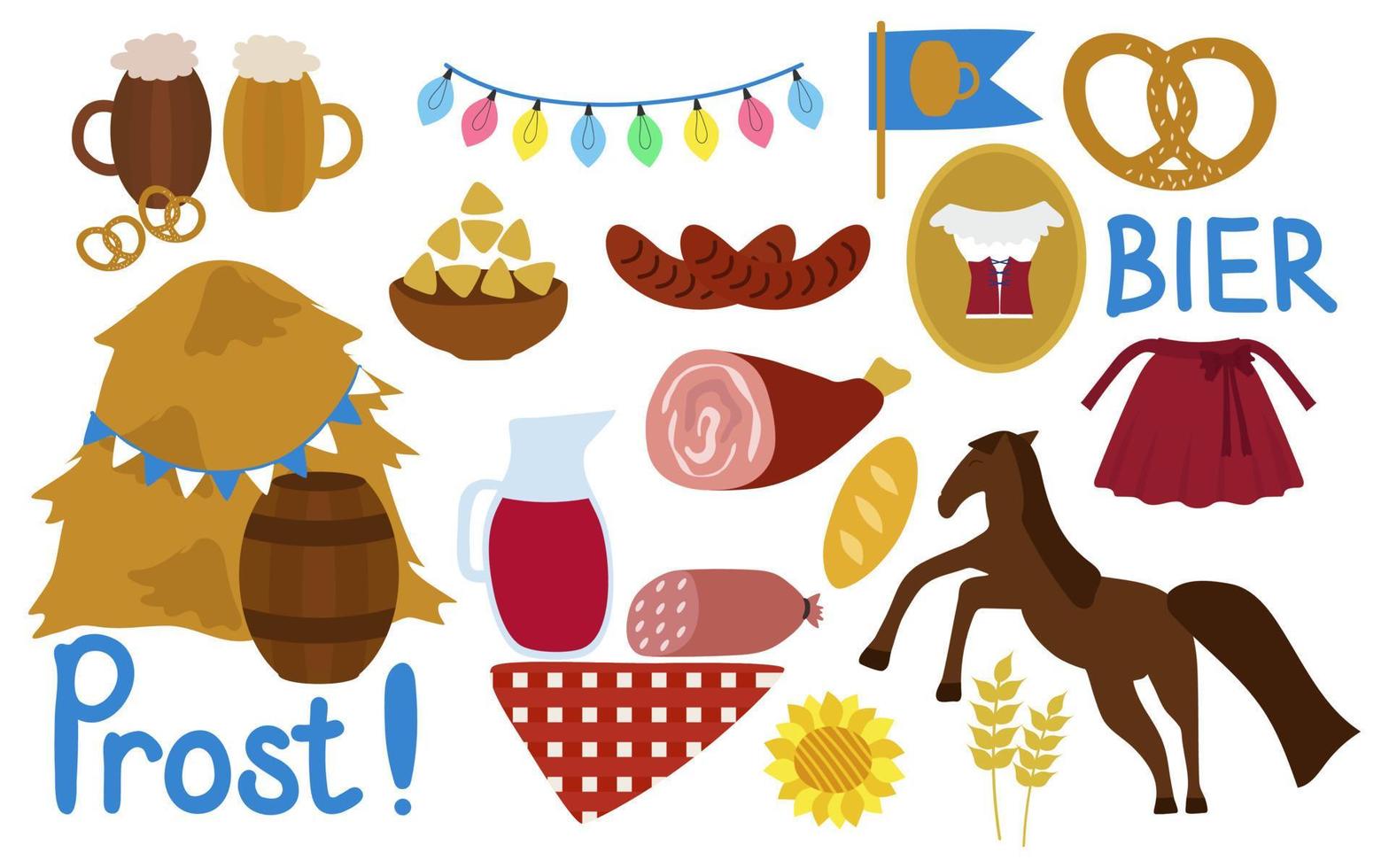 oktoberfest, un ensemble d'éléments vectoriels pour la décoration ou le design des fêtes. expressions en allemand. bière, saucisse, jarret de porc, guirlandes, cheval, bretzel. vecteur