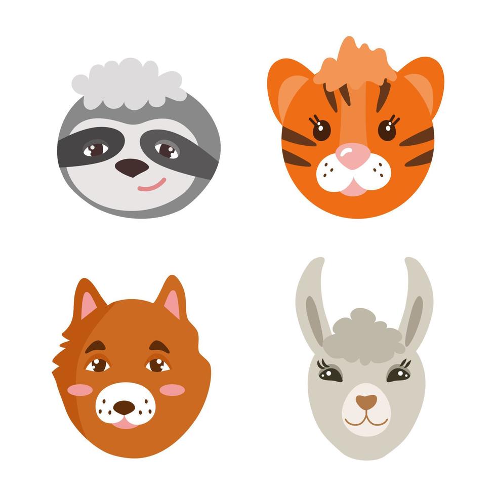 visages d'animaux mignons, paresseux, chien, tigre, lama. illustration vectorielle isolée. pour les cartes d'enfants, les invitations. vecteur