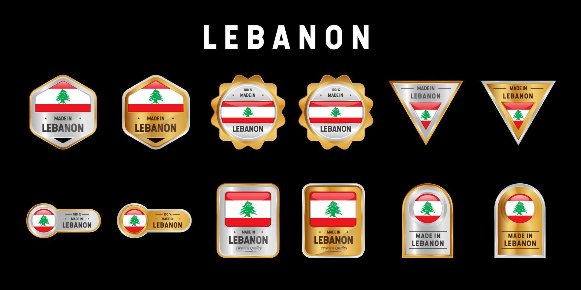fabriqué au liban étiquette, timbre, badge ou logo. avec le drapeau national du liban. sur les couleurs platine, or et argent. emblème premium et luxe vecteur