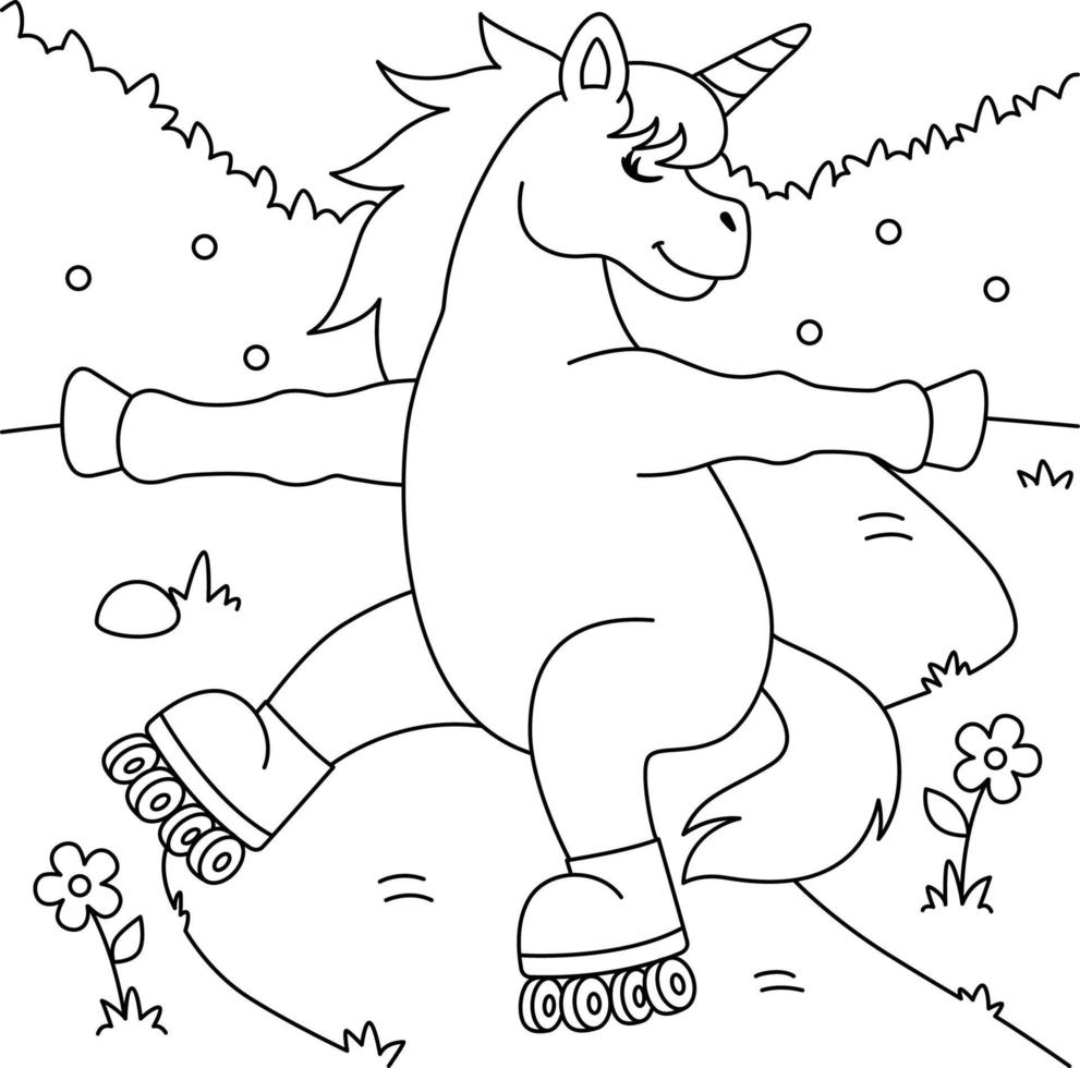 coloriage licorne patinage à roulettes pour les enfants vecteur