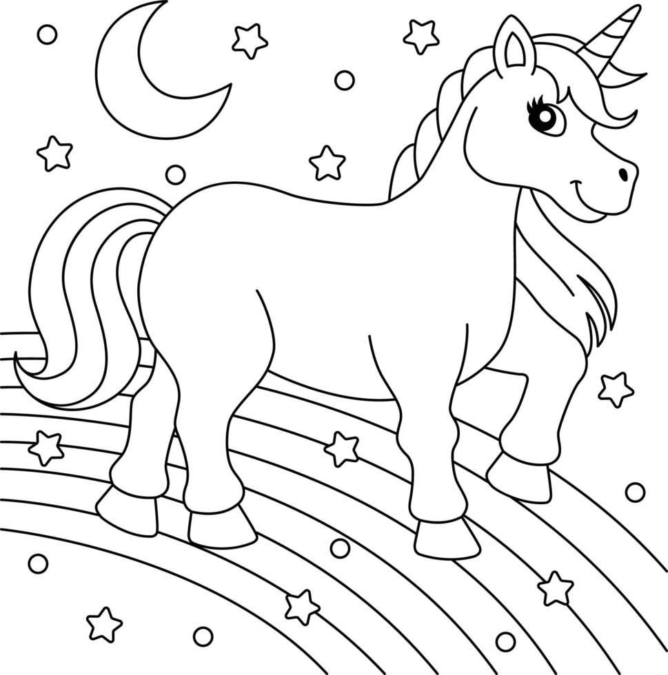 coloriage de licorne marchant sur l'arc-en-ciel vecteur