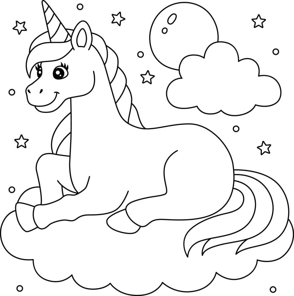 licorne allongée sur le nuage à colorier pour les enfants vecteur