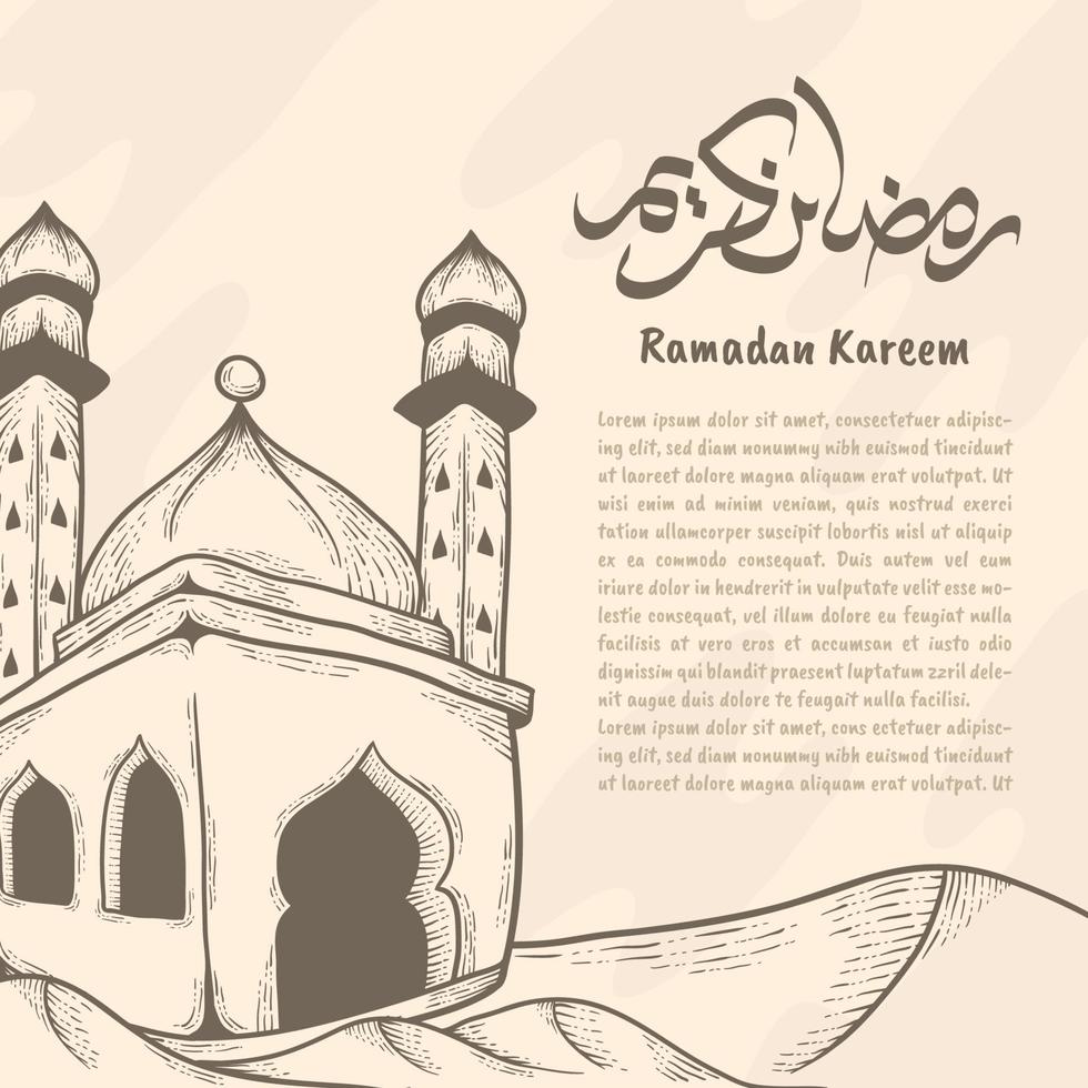 bannière de ramadan kareem avec illustration dessinée à la main d'une mosquée dans le désert vecteur