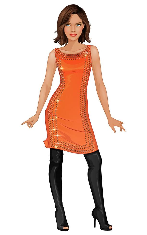 vecteur, mode, jeune femme, dans, robe orange, et, noir, sur-genou, bottes talon haut vecteur