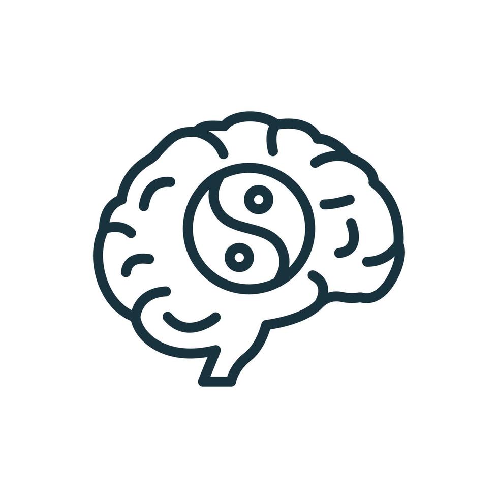 icône de ligne de santé mentale. cerveau et signe yin yan. pictogramme linéaire du concept de bien-être de l'esprit positif. icône de contour de développement et de soins de santé mentale humaine. illustration vectorielle isolée. vecteur