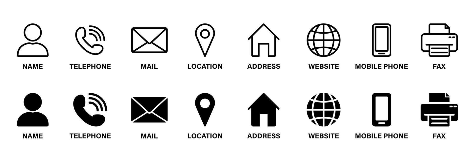 carte de visite avec symboles de communication sociale. e-mail, combiné et téléphone portable, adresse, emplacement, globe, ligne de fax et icônes de silhouette. notion de contact en ligne. illustration vectorielle isolée. vecteur