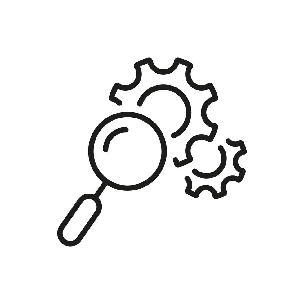 loupe avec icône de ligne de roue dentée. loupe avec engrenages. service de recherche et de contrôle. entretien du mécanisme de l'usine. illustration vectorielle isolée. vecteur