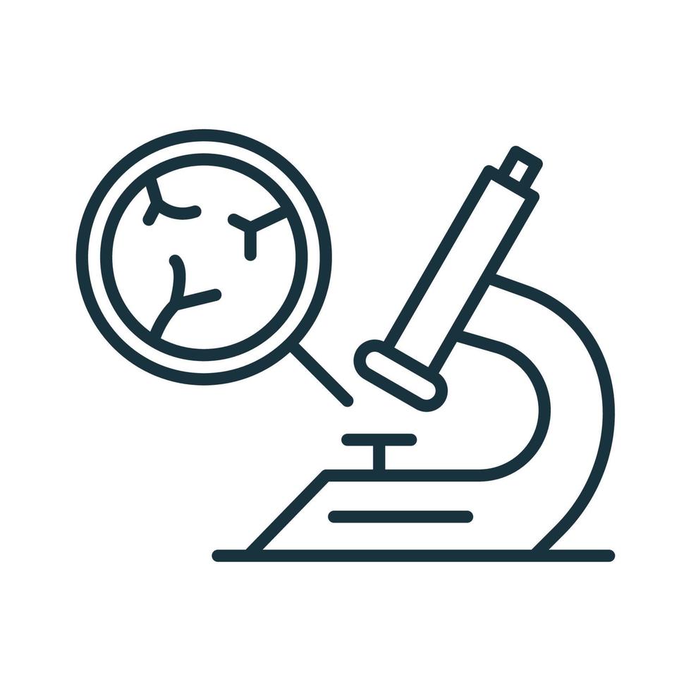 recherche de viande génétiquement modifiée par icône de ligne de microscope. molécule d'adn, pictogramme de contour de structure de viande. concept de nourriture artificielle. icône de viande de culture génétique. illustration vectorielle. vecteur