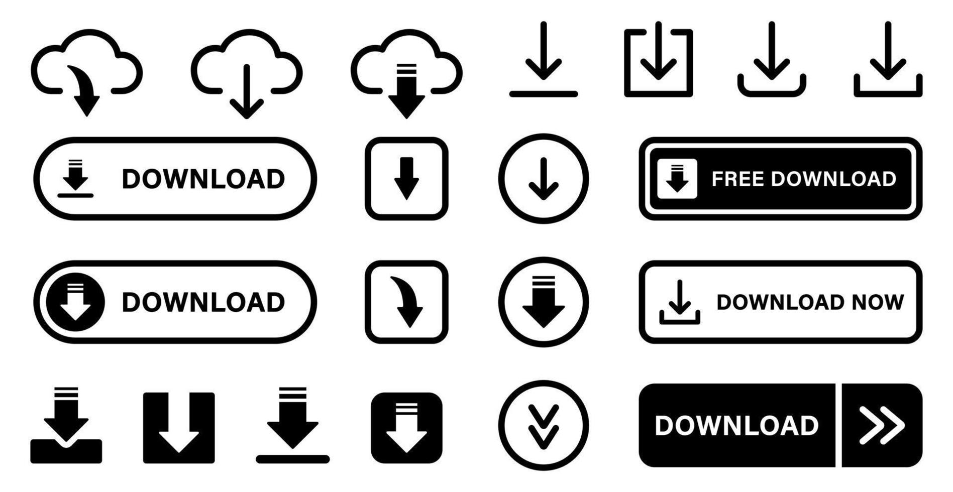 ligne de bouton de téléchargement et jeu d'icônes de silhouette. télécharger l'application Web, le fichier, la vidéo, le pictogramme de document. nuage, cercle, flèche vers le bas symbole de concept de téléchargement. illustration vectorielle isolée. vecteur