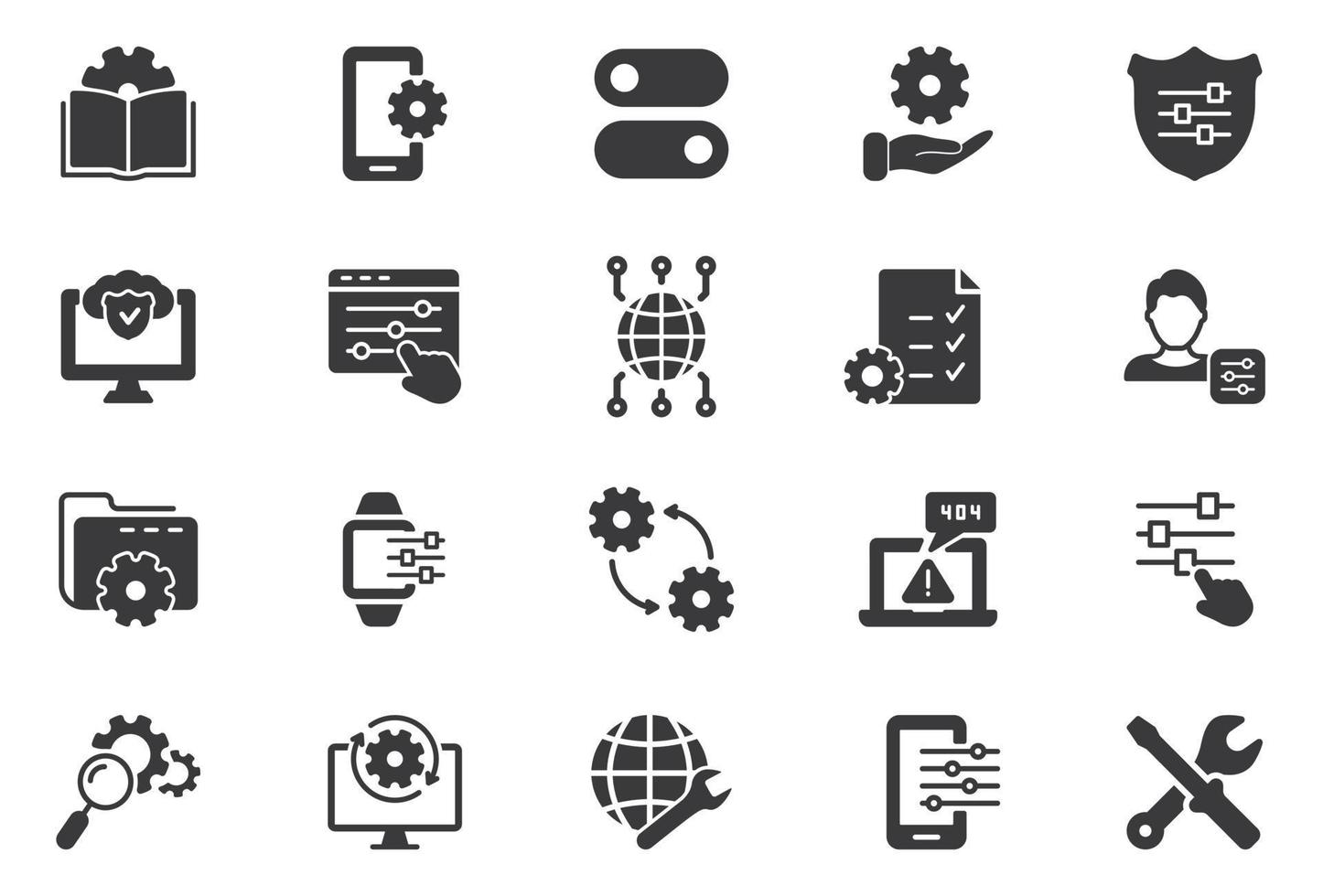 ensemble simple d'icône de silhouette de configuration, de réparation et de paramètres. icônes d'engrenage, de tournevis et de clé. support technique, paramètres et concept d'options. illustration vectorielle isolée. vecteur