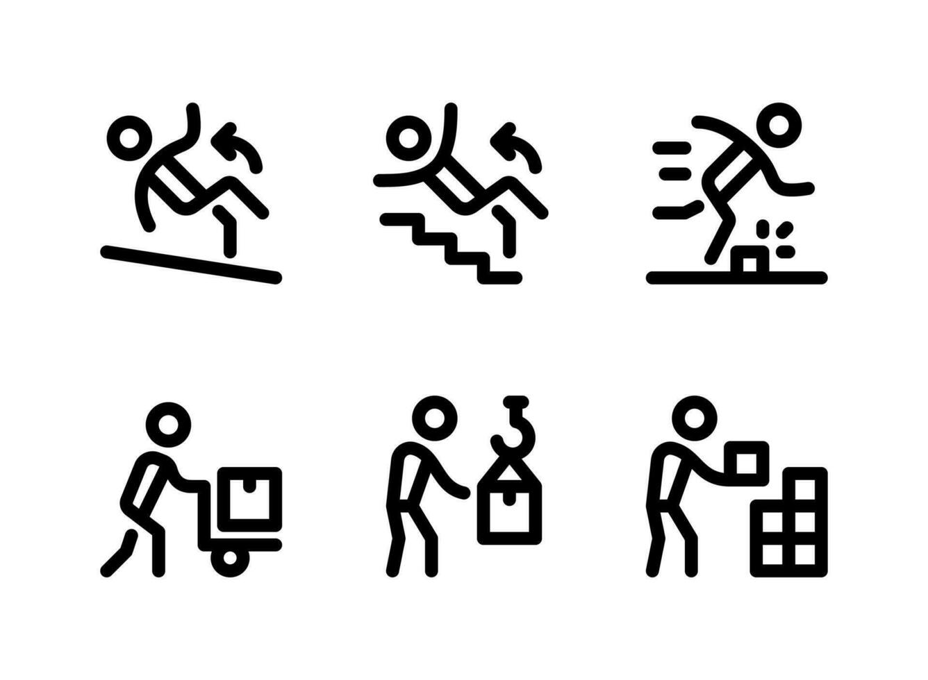 ensemble simple d'icônes de lignes vectorielles liées à l'activité des travailleurs. contient des icônes comme tomber, trébucher, déplacer un diable et plus encore. vecteur
