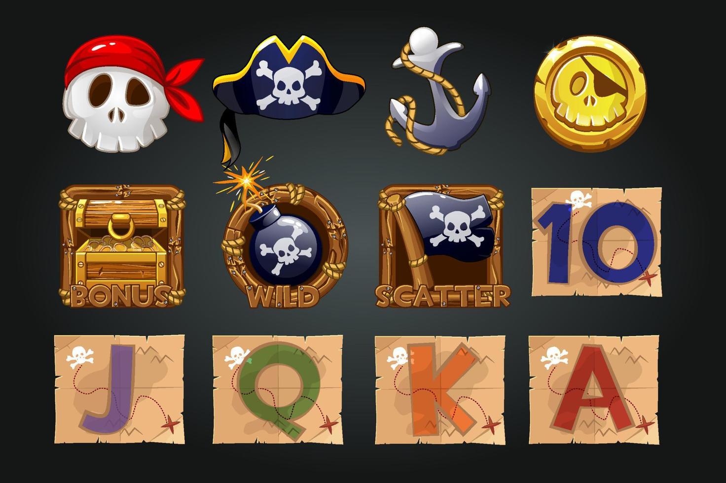 ensemble d'icônes pirates pour machines à sous. pièces de monnaie, trésors, crâne, symboles pirates pour le jeu. vecteur
