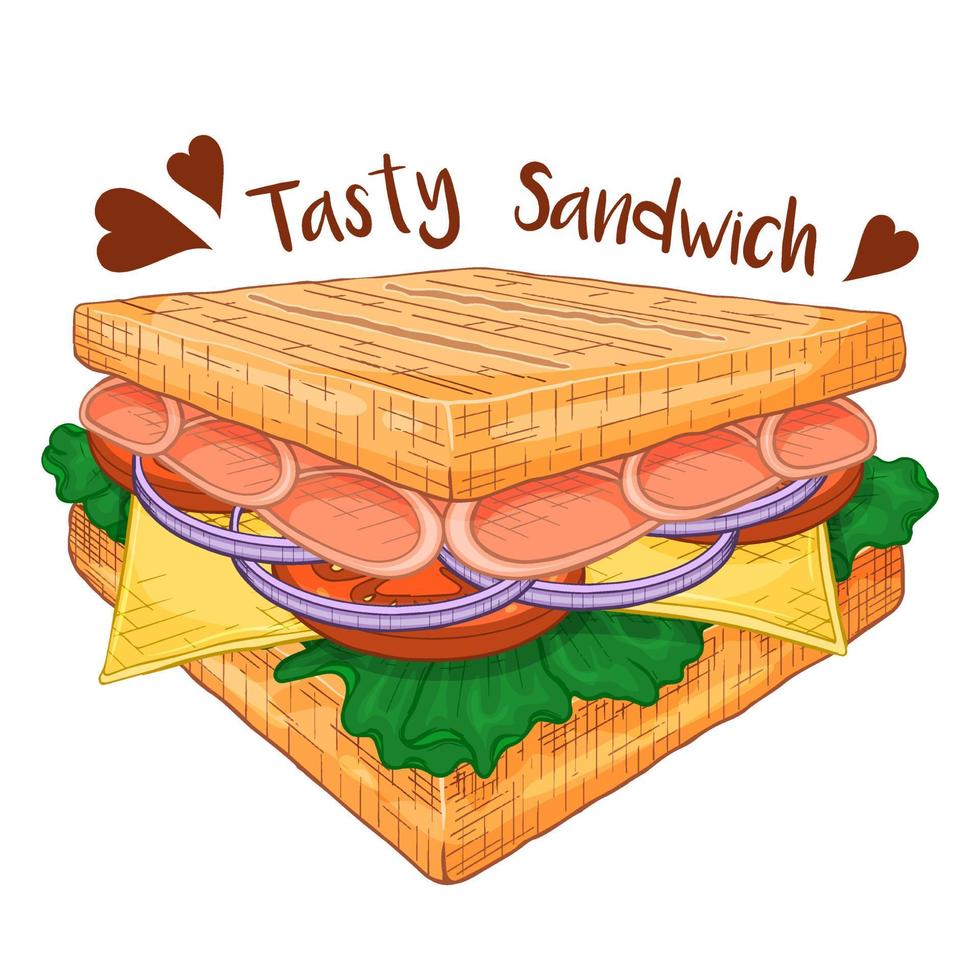 sandwich savoureux coloré dessiné à la main. isolé sur blanc. illustration vectorielle. vecteur